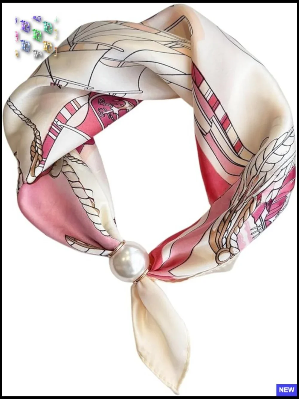Magnetic Buckle Scarf with Pearl Charm Retro Floral Satin Square Neck Scarf